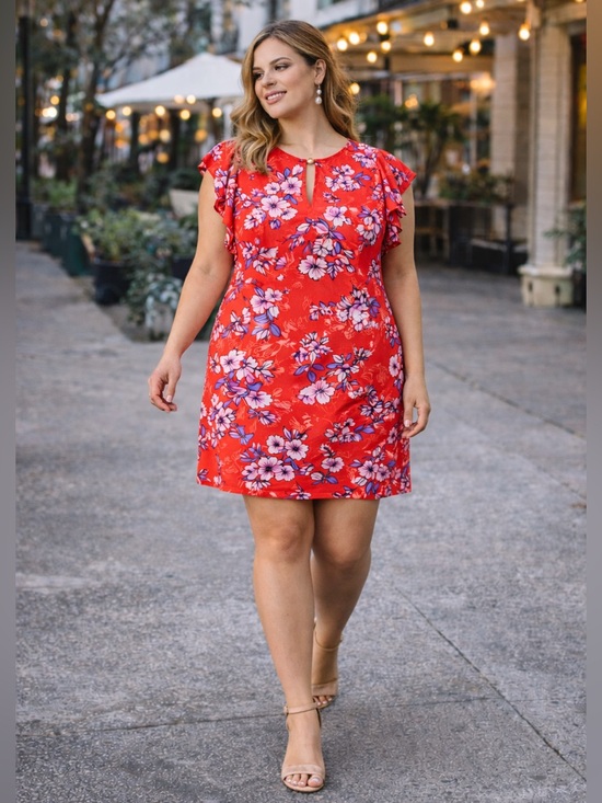 Vince Camuto Dresses & Skirts - VINCE CAMUTO Keyhole Orange Floral Chiffon Ruffle Sleeve Shift Mini Dress Sz 12